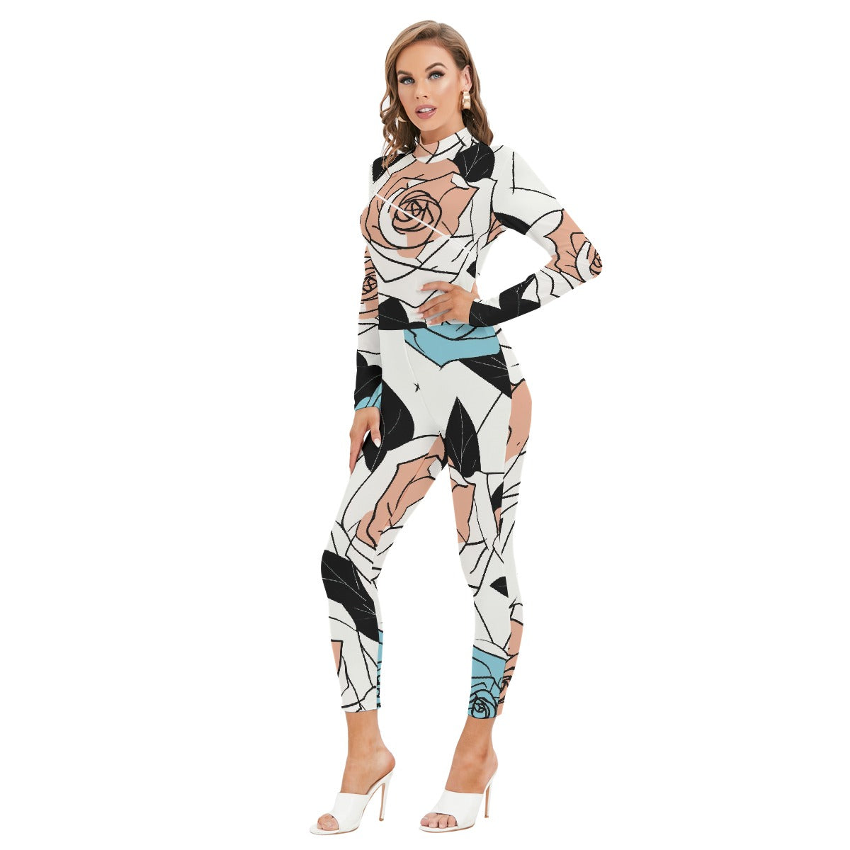 All-Over Print Women's Long-sleeved High-neck Jumpsuit With Zipper