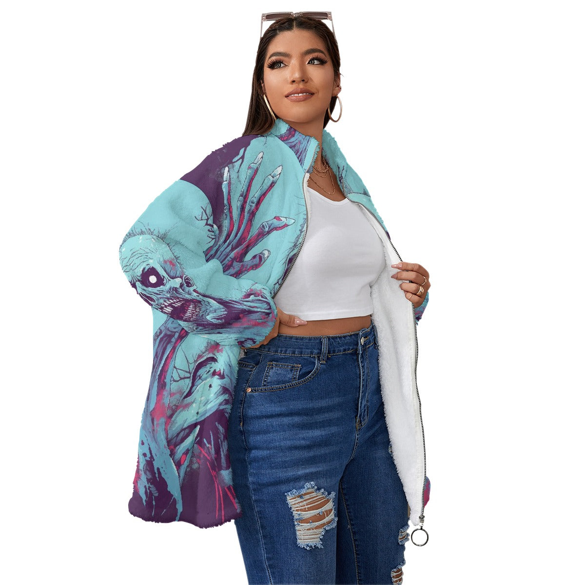 All-Over Print Unisex Borg Fleece Stand-up Collar Coat With Zipper Closure(Plus Size)