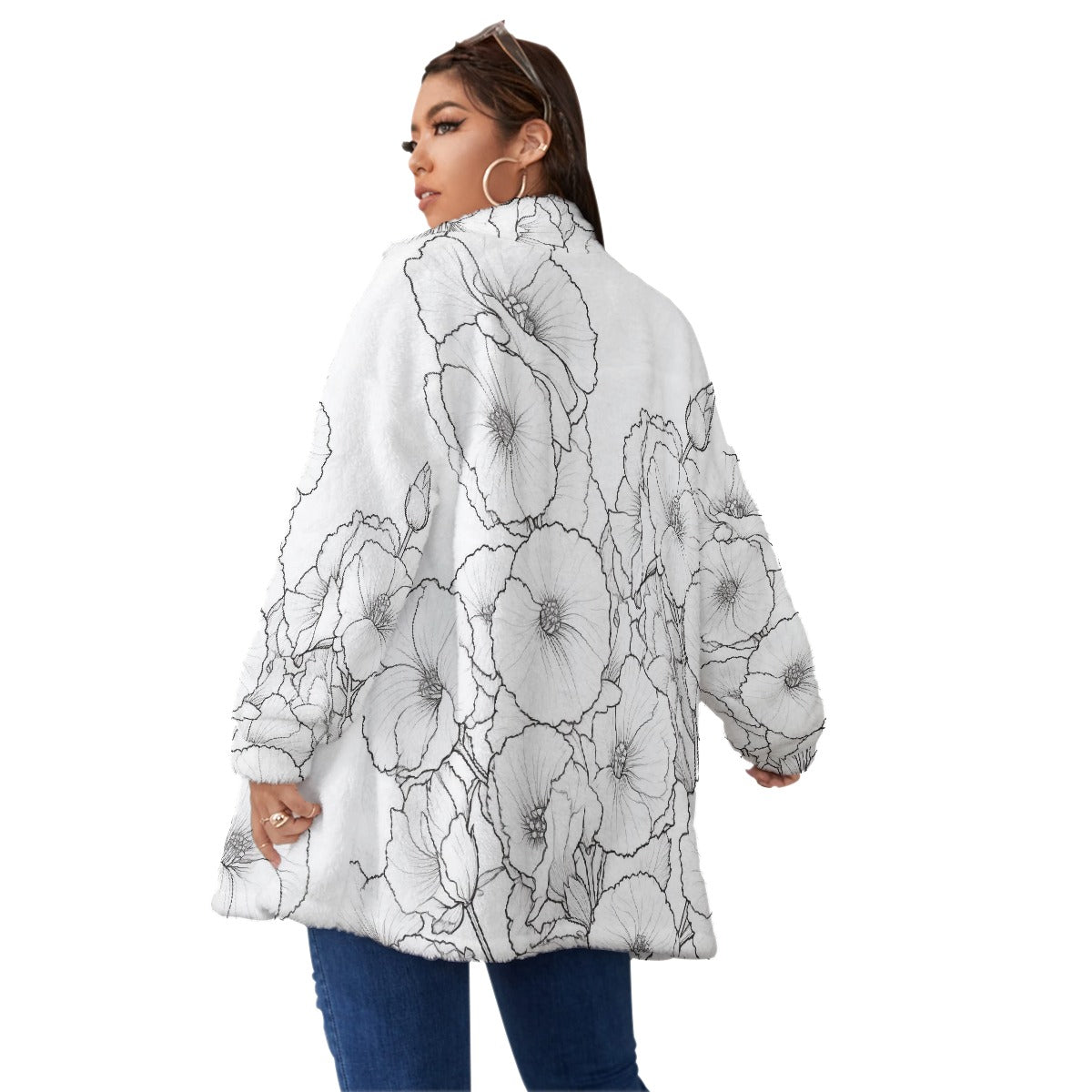 All-Over Print Unisex Borg Fleece Stand-up Collar Coat With Zipper Closure(Plus Size)