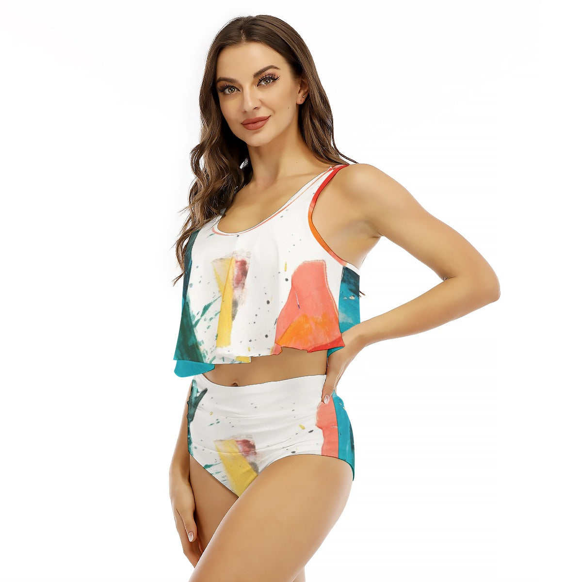 All-Over Print Women's Ruffled Vest Bikini Swimsuit