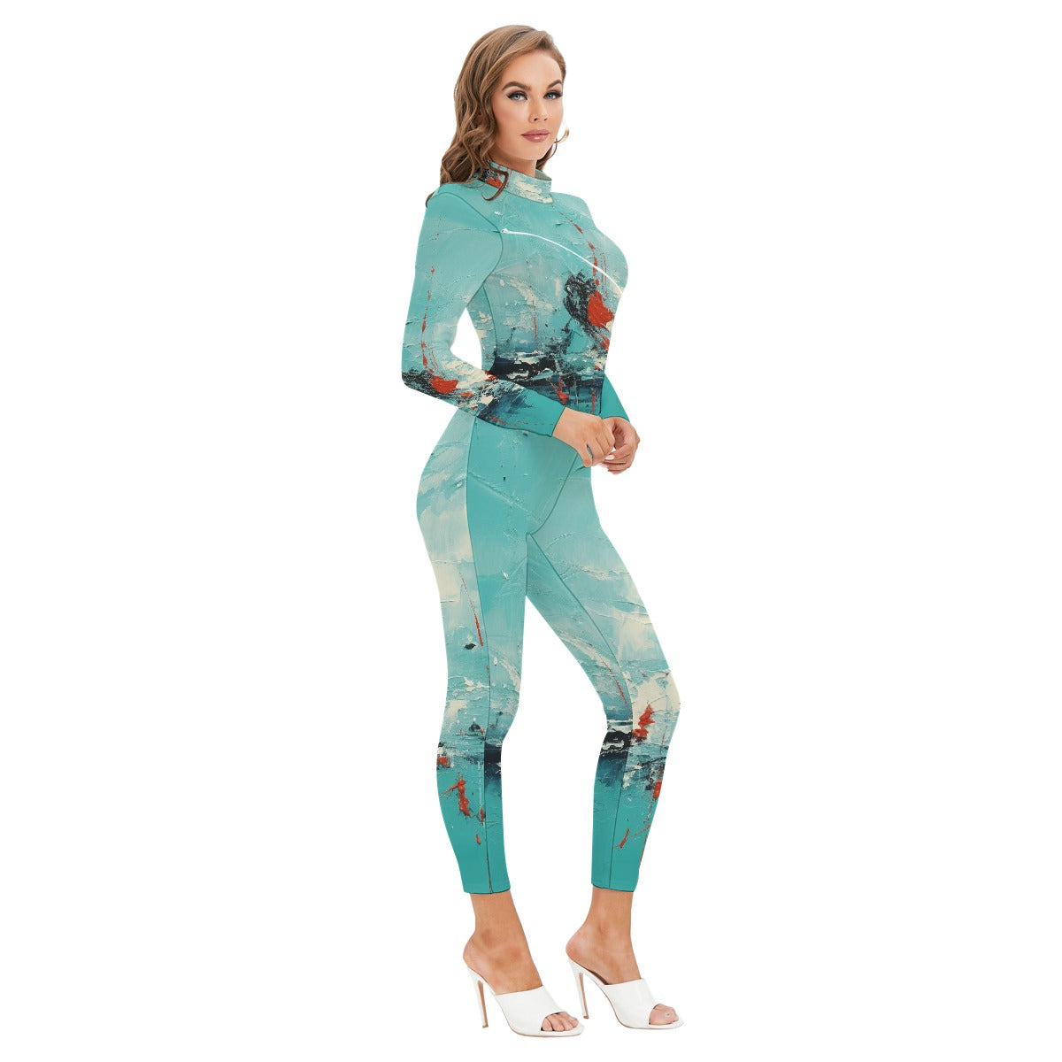 All-Over Print Women's Long-sleeved High-neck Jumpsuit With Zipper