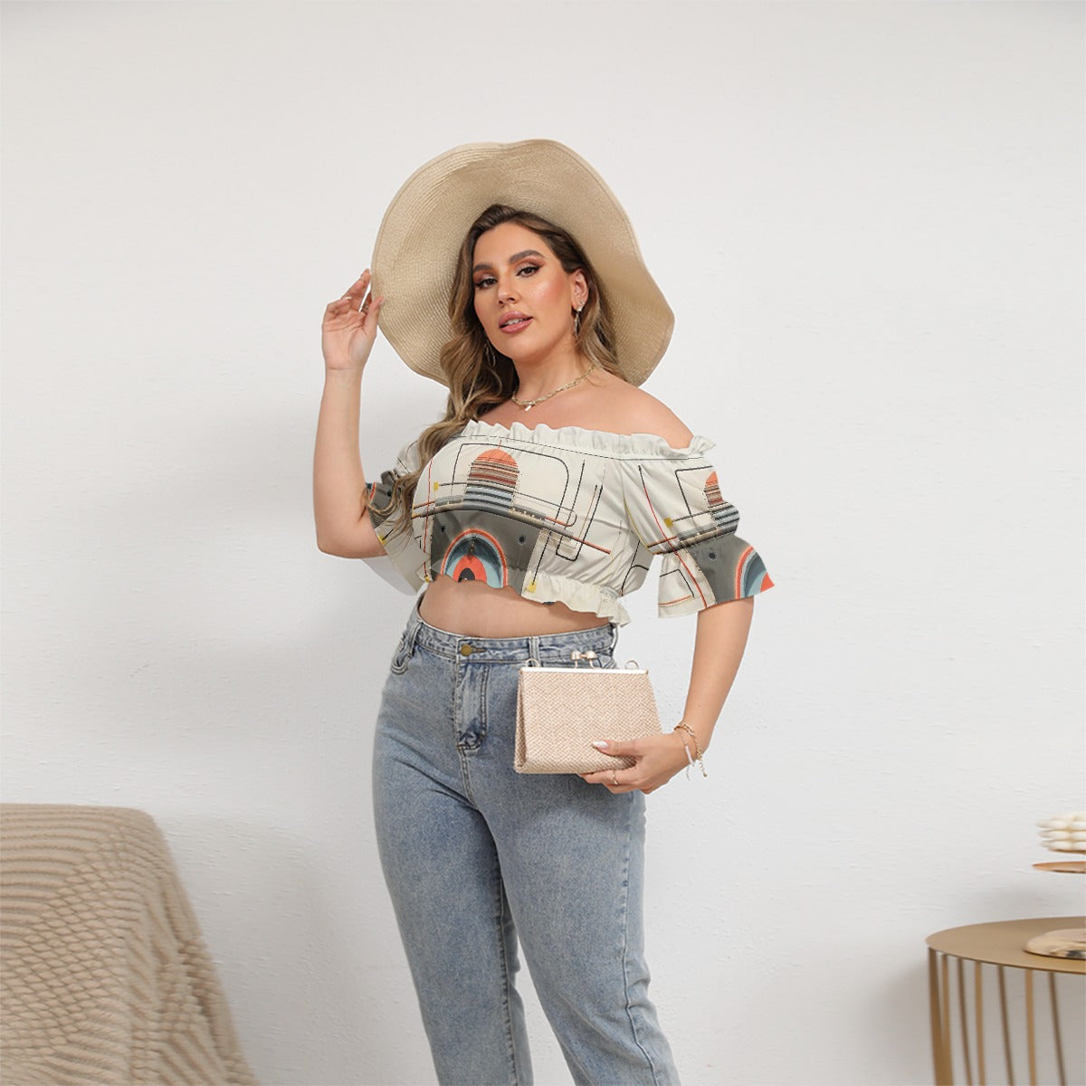 All-Over Print Women's Off-shoulder Cropped Top With Short Puff Sleeve