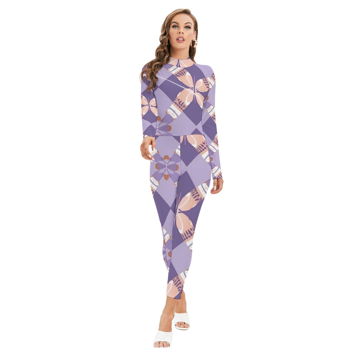 All-Over Print Women's Long-sleeved High-neck Jumpsuit With Zipper