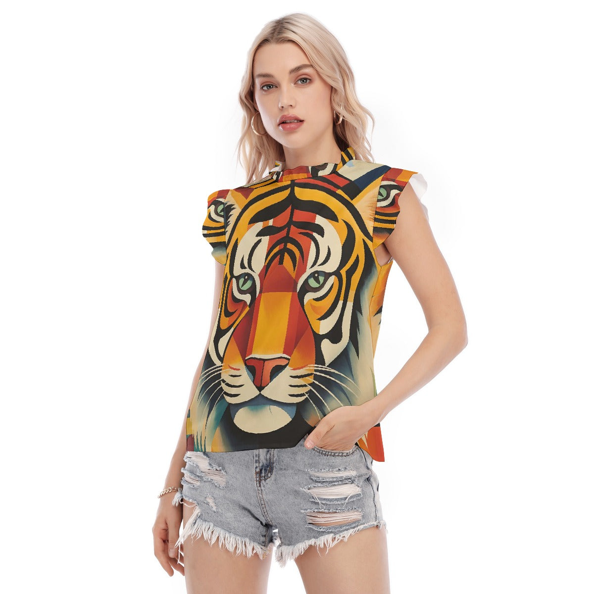 All-Over Print Women's Blouse With Ruffle Collar And Sleeve