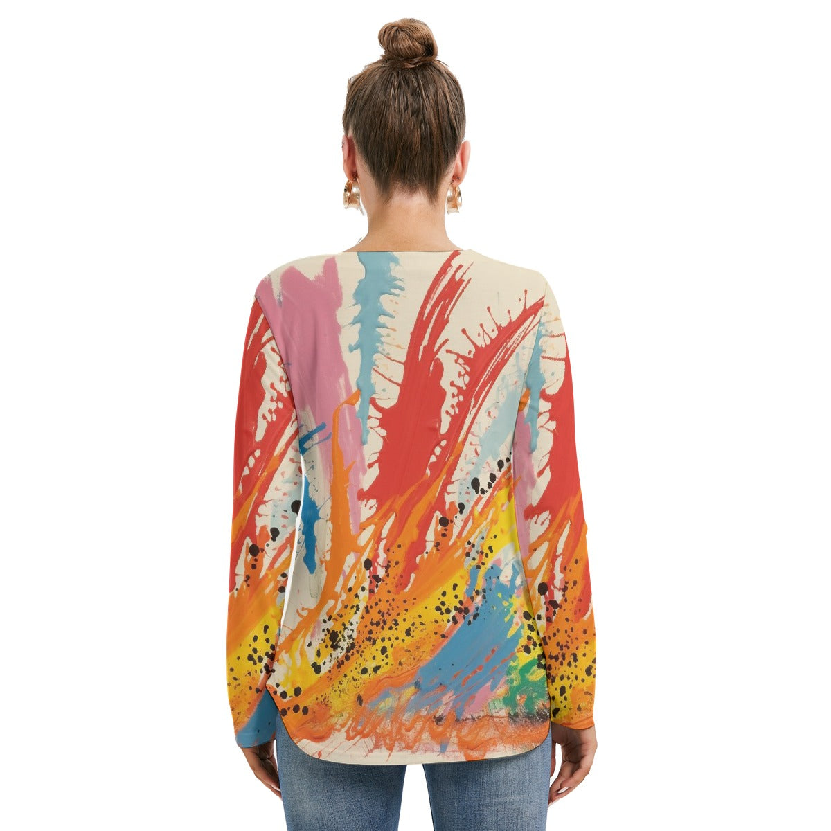All-Over Print Women's Long Sleeve Neckline Tie Sweatshirt