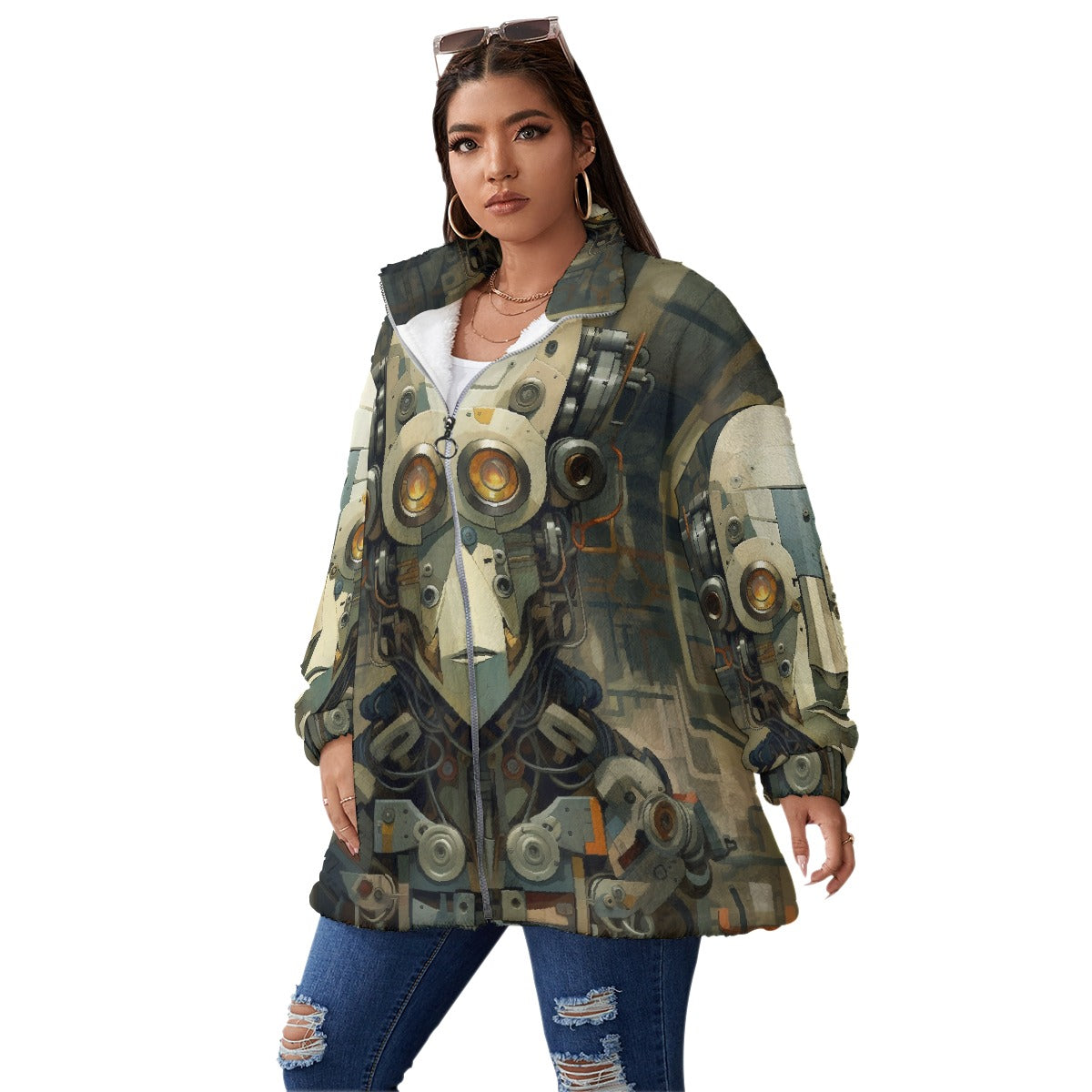 All-Over Print Unisex Borg Fleece Stand-up Collar Coat With Zipper Closure(Plus Size)
