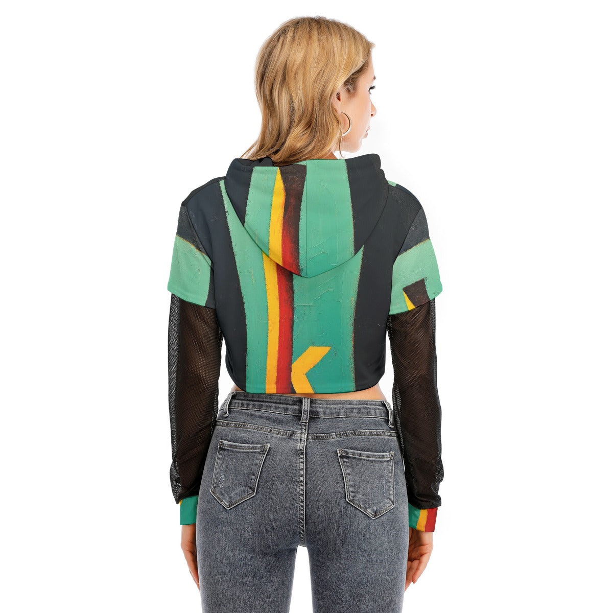 All-Over Print Women's Fake Two-piece Mesh Sleeve Cropped Hoodie