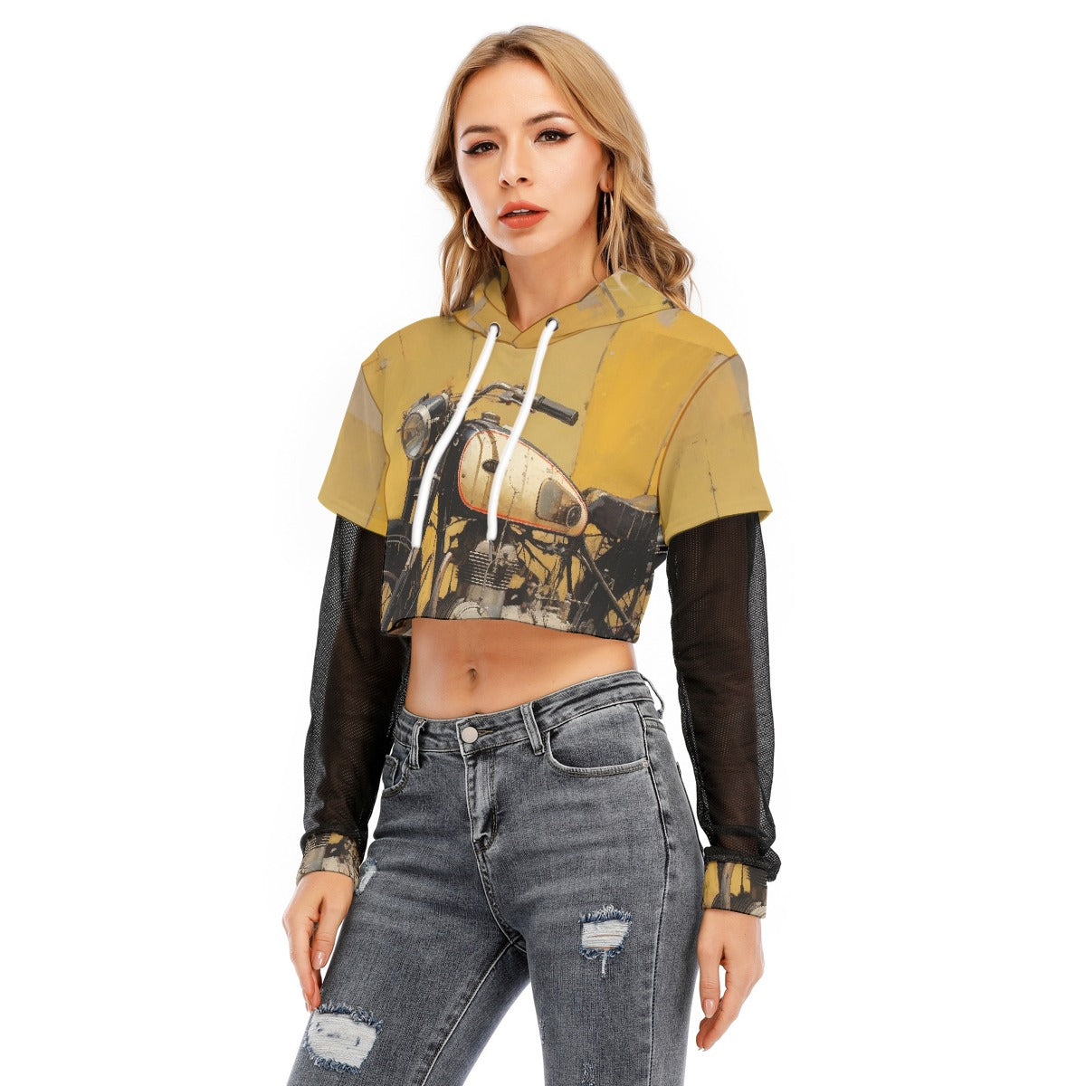 All-Over Print Women's Fake Two-piece Mesh Sleeve Cropped Hoodie