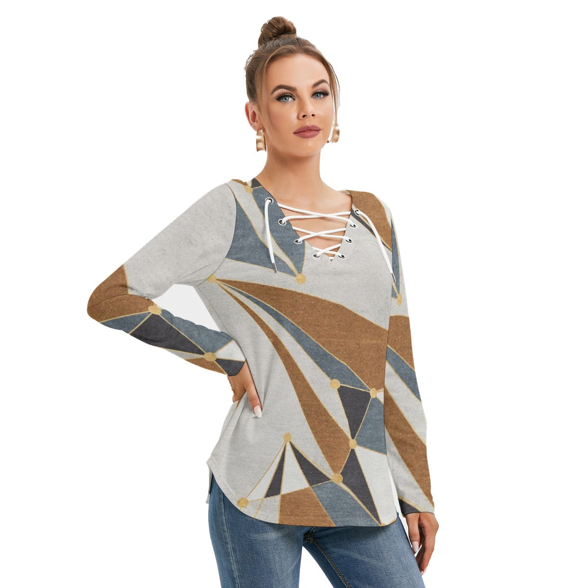 All-Over Print Women's Long Sleeve Neckline Tie Sweatshirt