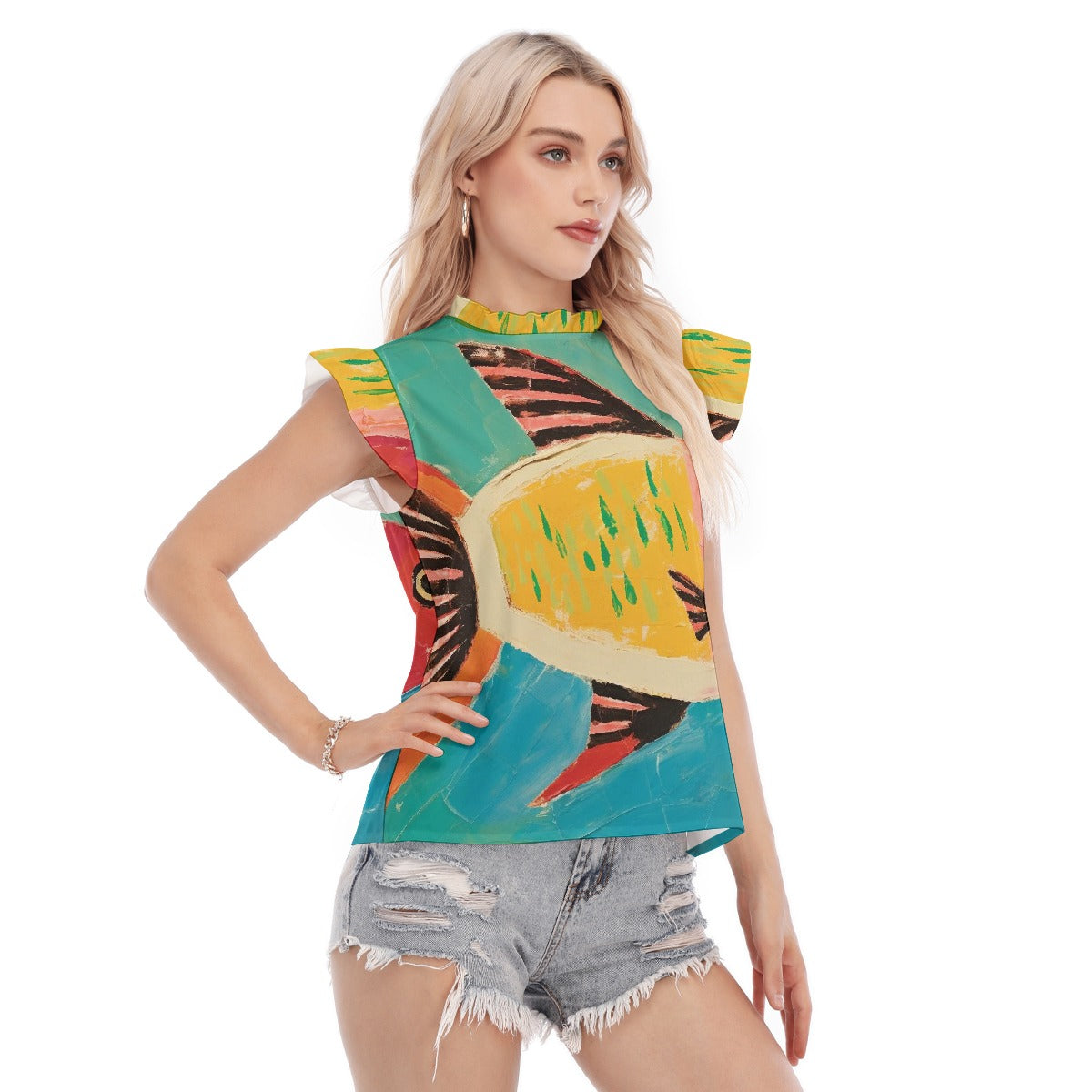 All-Over Print Women's Blouse With Ruffle Collar And Sleeve