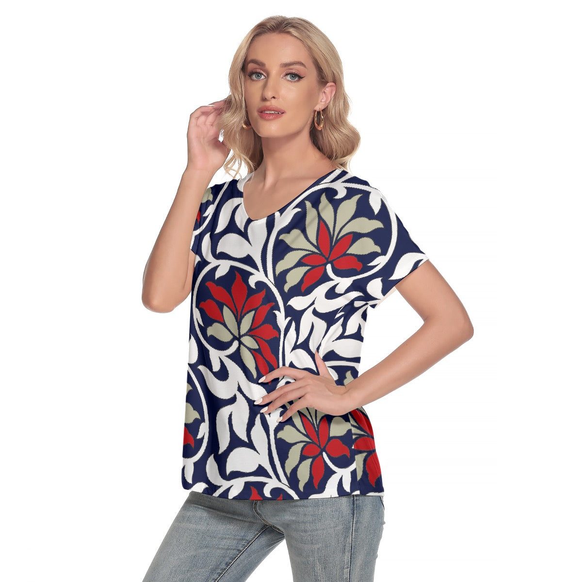 All-Over Print Women's Loose V-neck Short Sleeve T-shirt