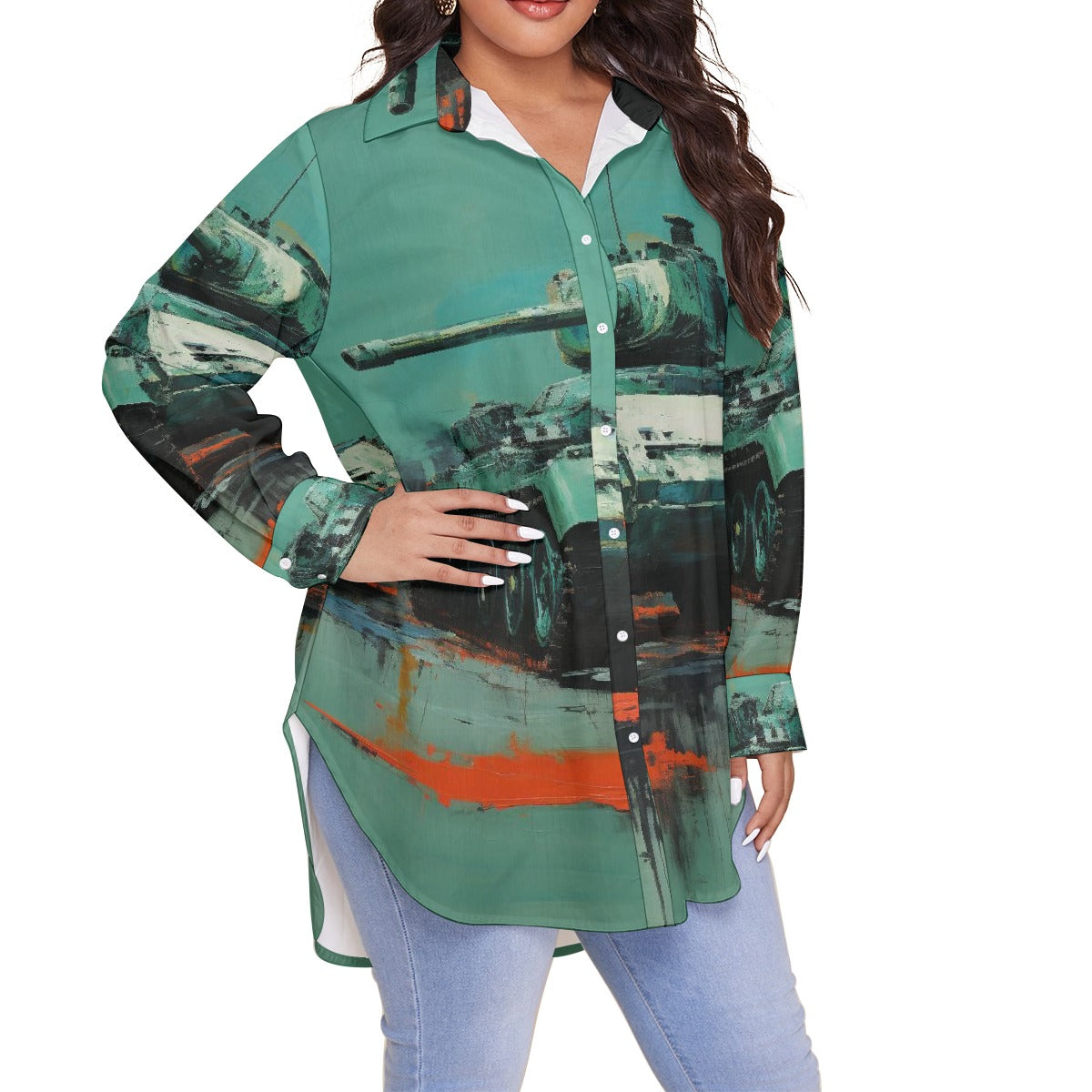 All-Over Print Women's Shirt With Long Sleeve(Plus Size)