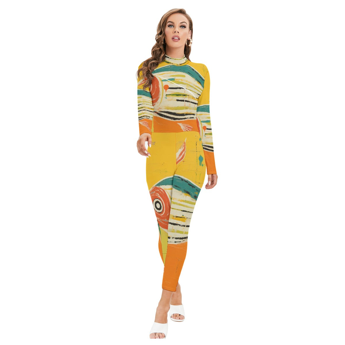 All-Over Print Women's Long-sleeved High-neck Jumpsuit With Zipper