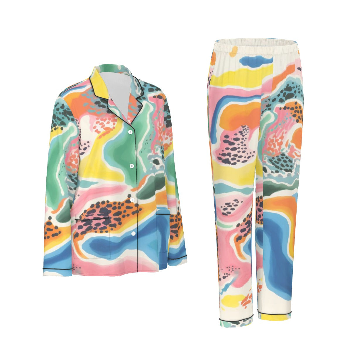 All-Over Print Women's Long Sleeve Pajama Set With Black Contrast Piping