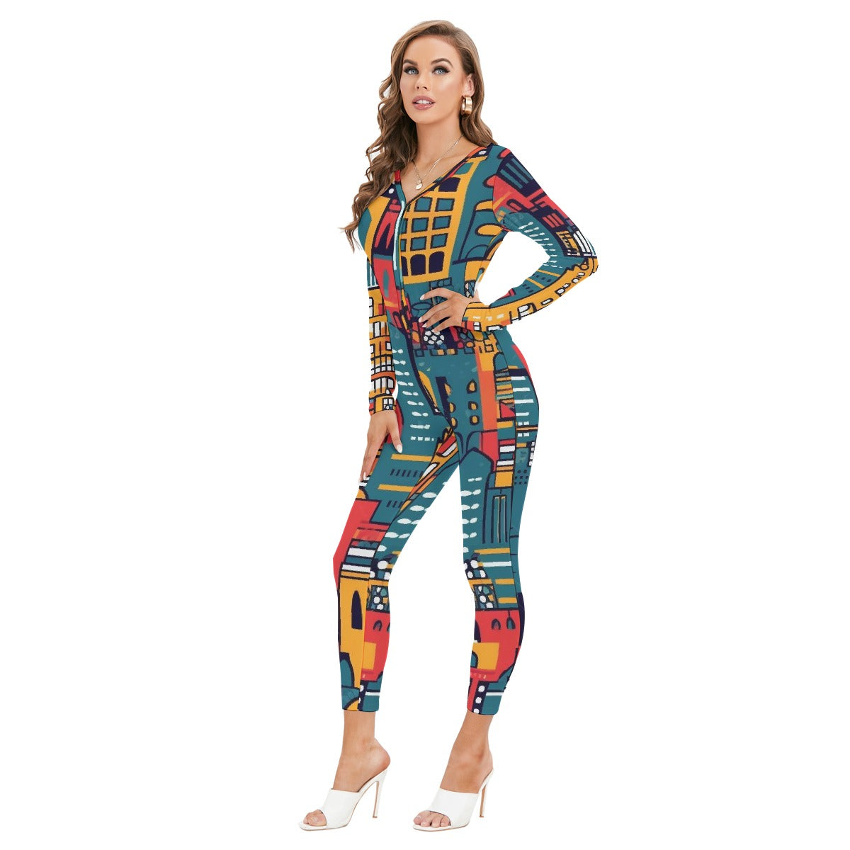 All-Over Print Women's Plunging Neck Jumpsuit
