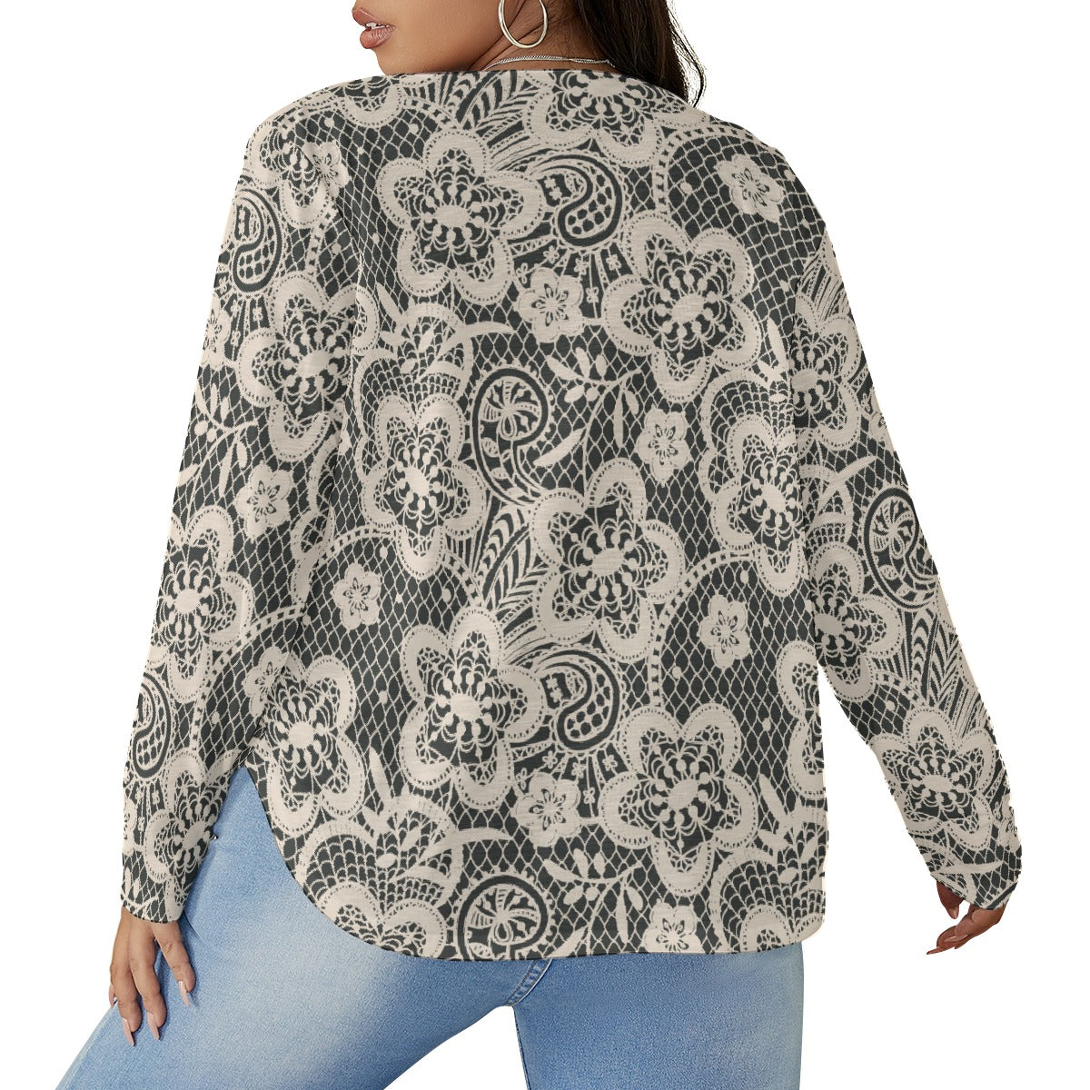 All-Over Print Women's V-neck T-shirt With Curved Hem(Plus Size)