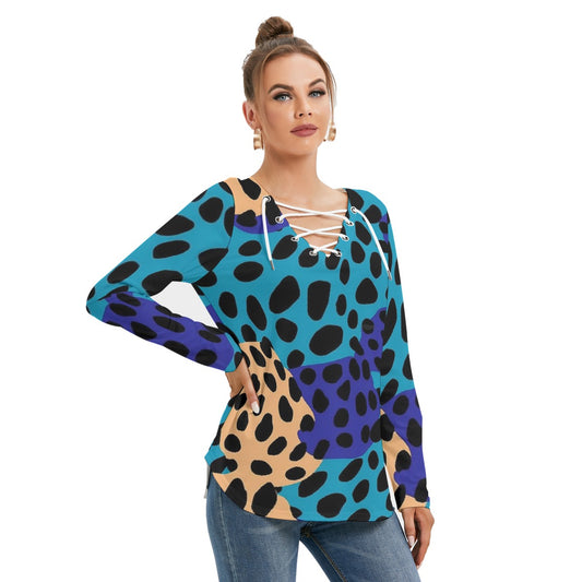 All-Over Print Women's Long Sleeve Neckline Tie Sweatshirt