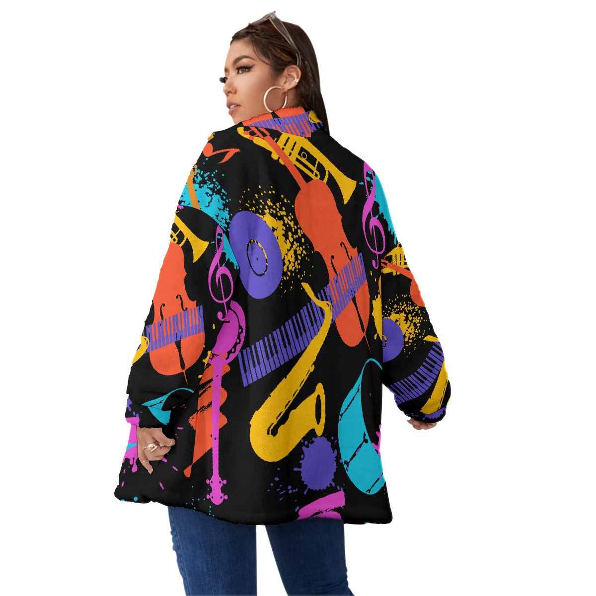 All-Over Print Unisex Borg Fleece Stand-up Collar Coat With Zipper Closure(Plus Size)