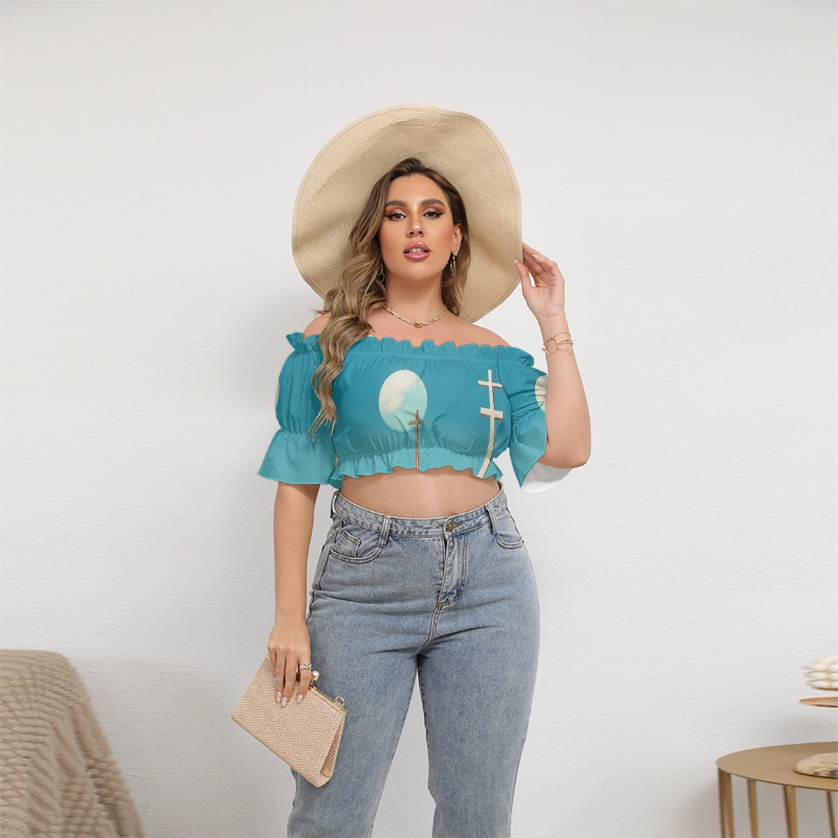 All-Over Print Women's Off-shoulder Cropped Top With Short Puff Sleeve