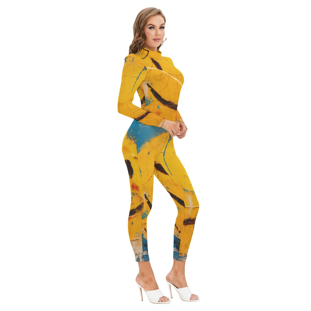 All-Over Print Women's Long-sleeved High-neck Jumpsuit With Zipper