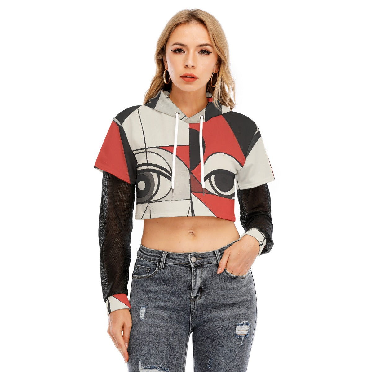All-Over Print Women's Fake Two-piece Mesh Sleeve Cropped Hoodie