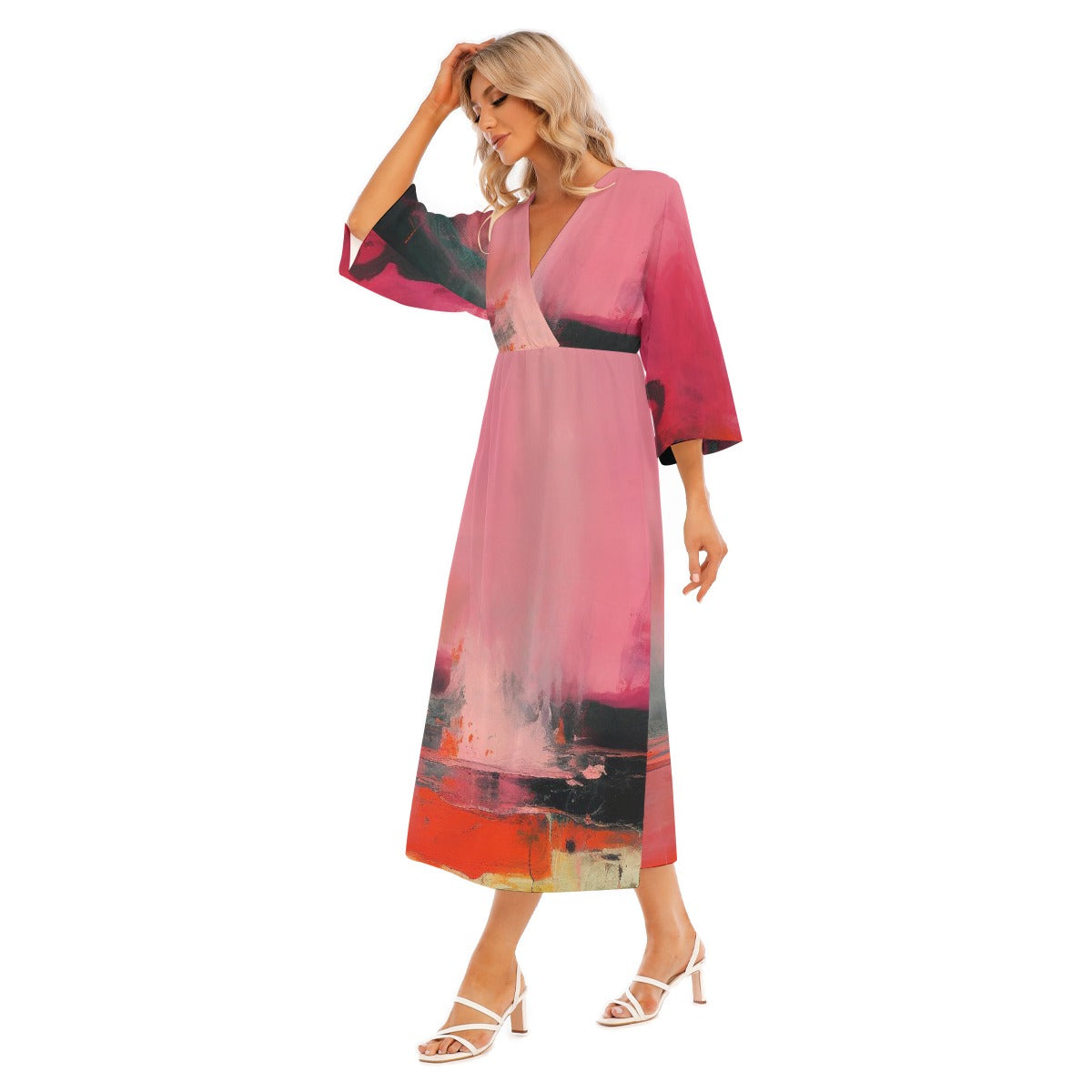 All-Over Print Women's Mid-Sleeve Long Dress