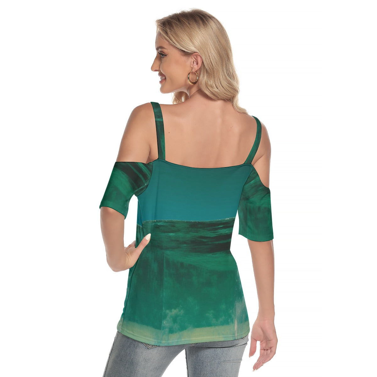 All-Over Print Women's Cold Shoulder T-shirt With Criss Cross Strips