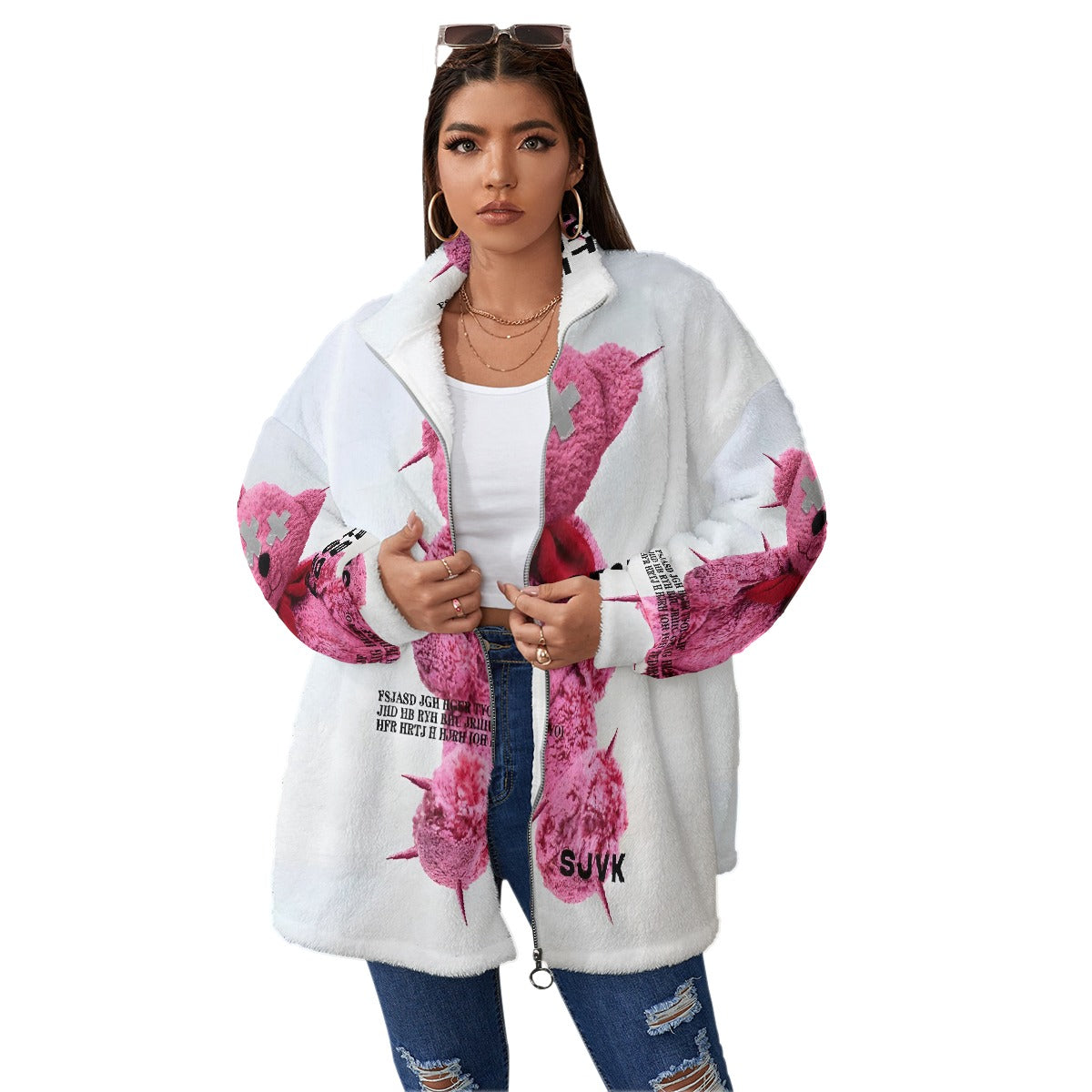 All-Over Print Unisex Borg Fleece Stand-up Collar Coat With Zipper Closure(Plus Size)