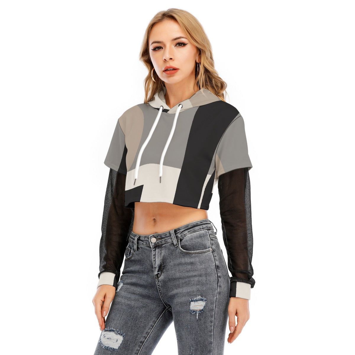 All-Over Print Women's Fake Two-piece Mesh Sleeve Cropped Hoodie