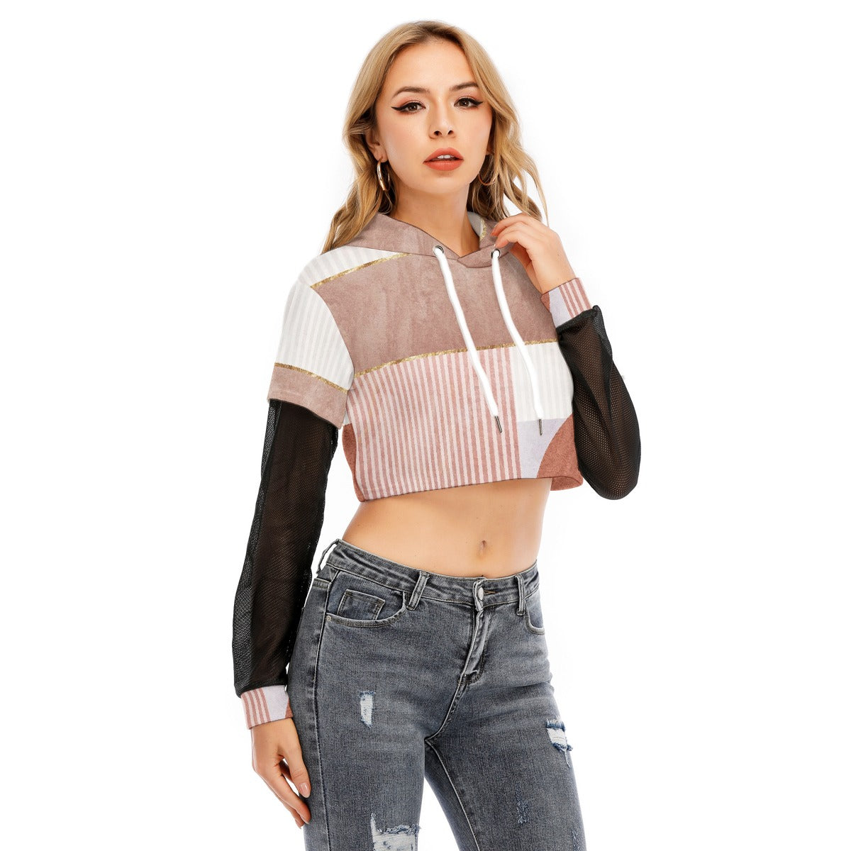 All-Over Print Women's Fake Two-piece Mesh Sleeve Cropped Hoodie