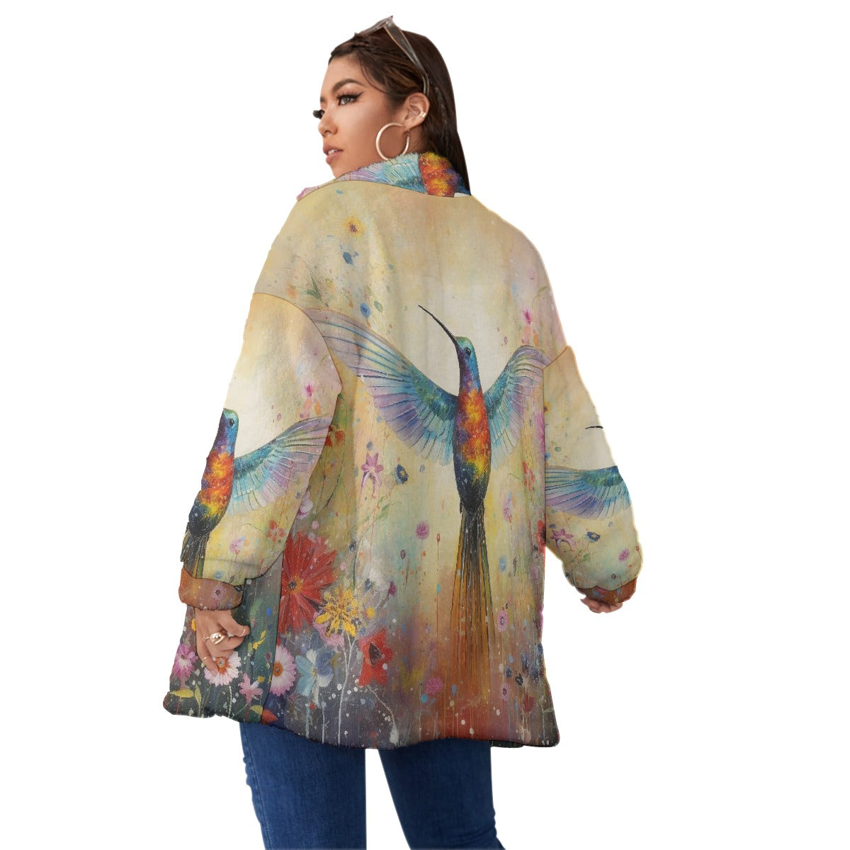 All-Over Print Unisex Borg Fleece Stand-up Collar Coat With Zipper Closure(Plus Size)