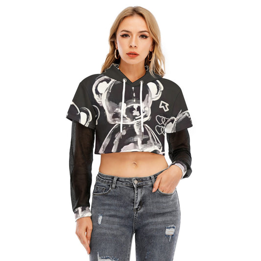 All-Over Print Women's Fake Two-piece Mesh Sleeve Cropped Hoodie