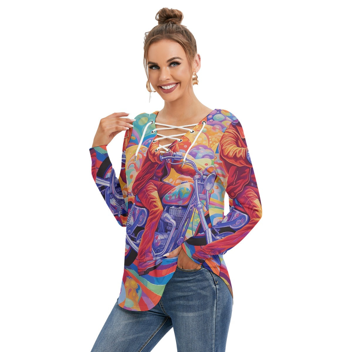 All-Over Print Women's Long Sleeve Neckline Tie Sweatshirt
