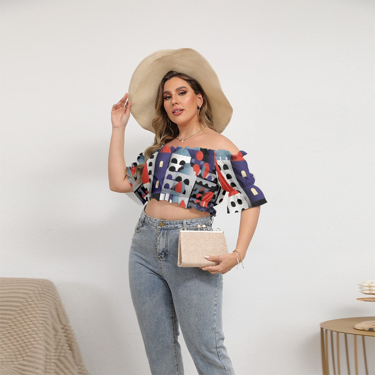All-Over Print Women's Off-shoulder Cropped Top With Short Puff Sleeve