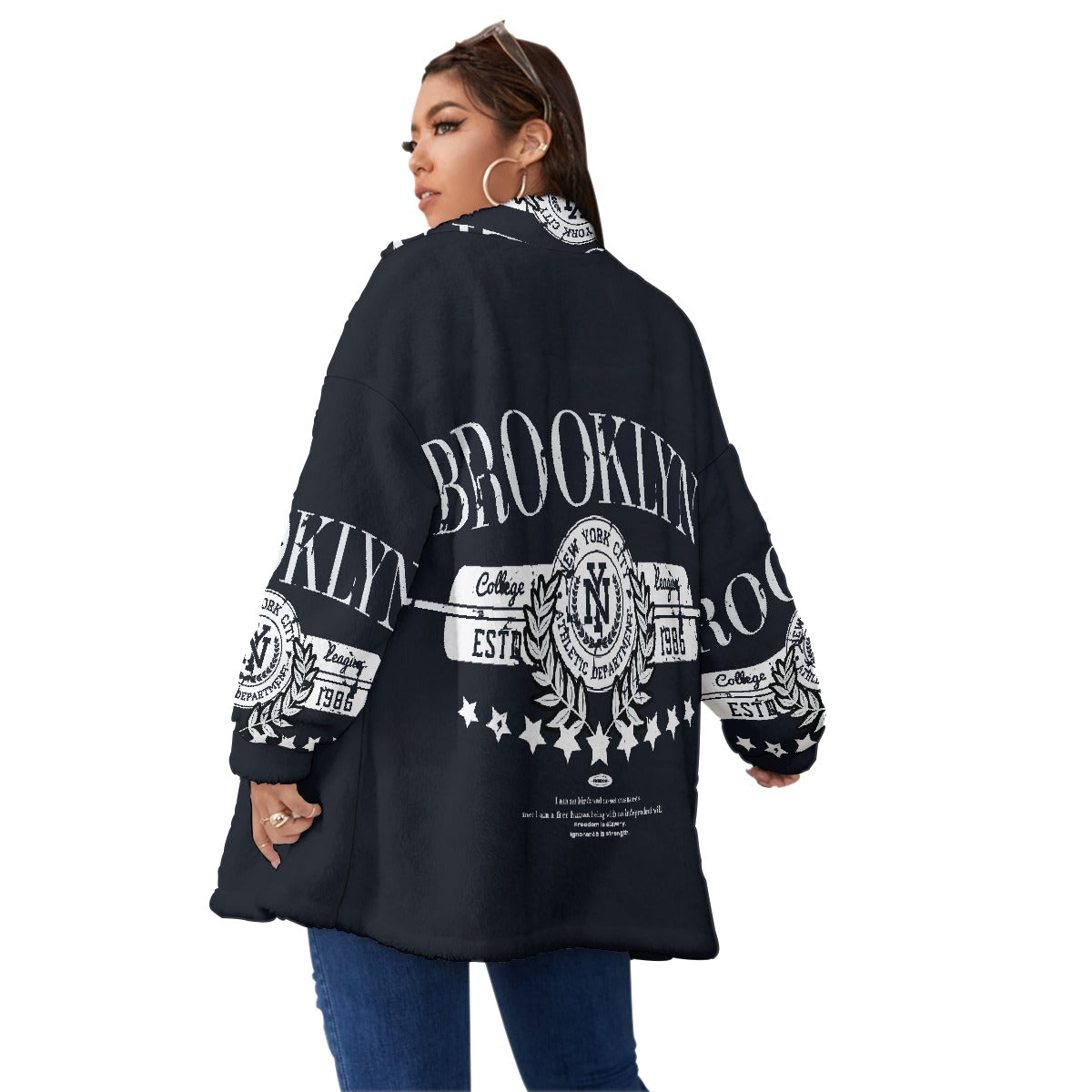 All-Over Print Unisex Borg Fleece Stand-up Collar Coat With Zipper Closure(Plus Size)