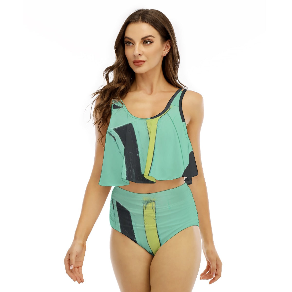 All-Over Print Women's Ruffled Vest Bikini Swimsuit