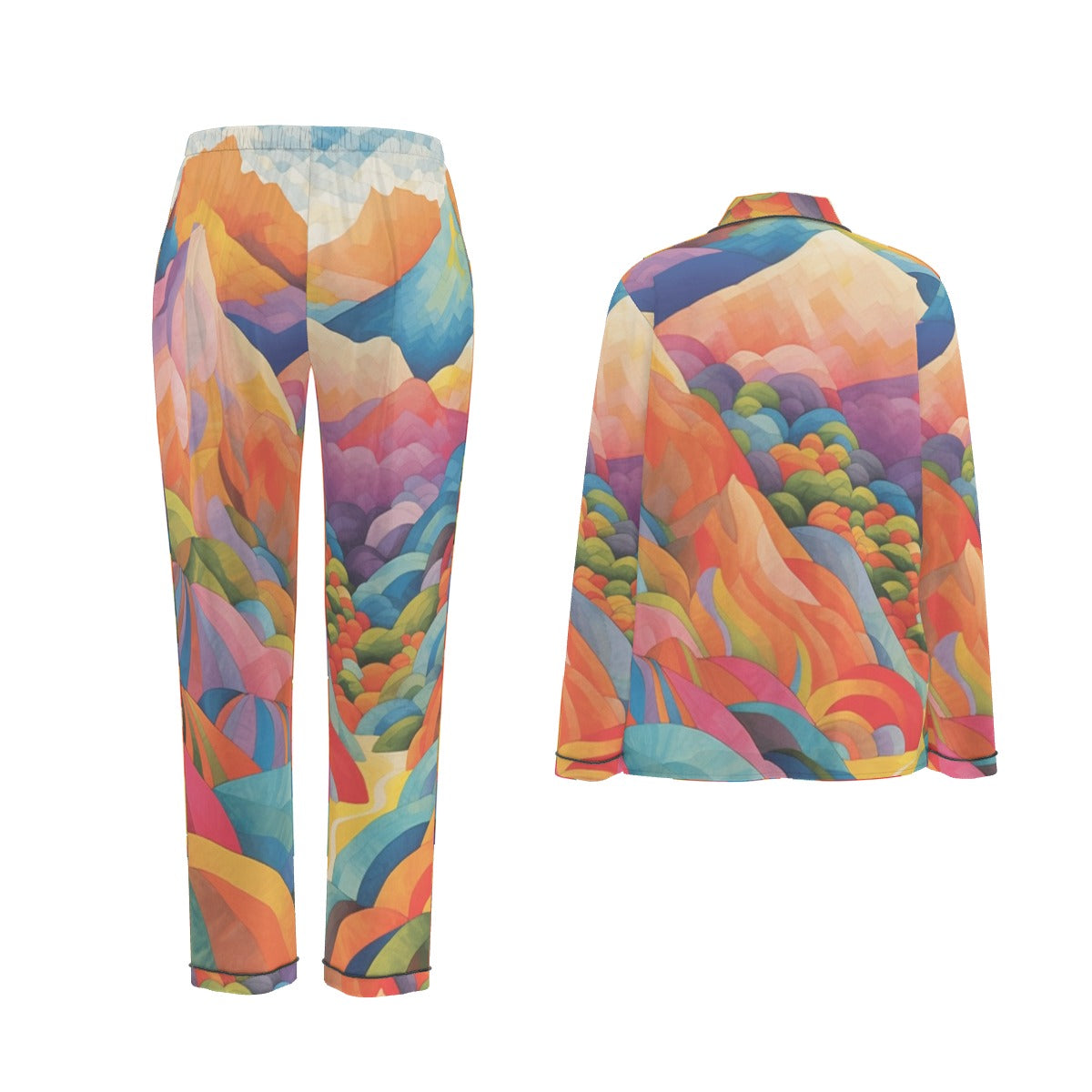 All-Over Print Women's Long Sleeve Pajama Set With Black Contrast Piping