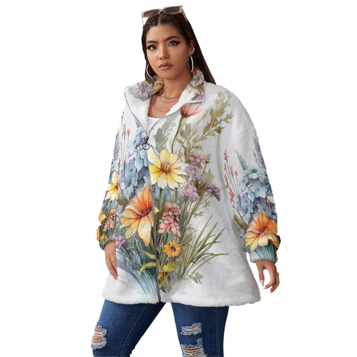 All-Over Print Unisex Borg Fleece Stand-up Collar Coat With Zipper Closure(Plus Size)