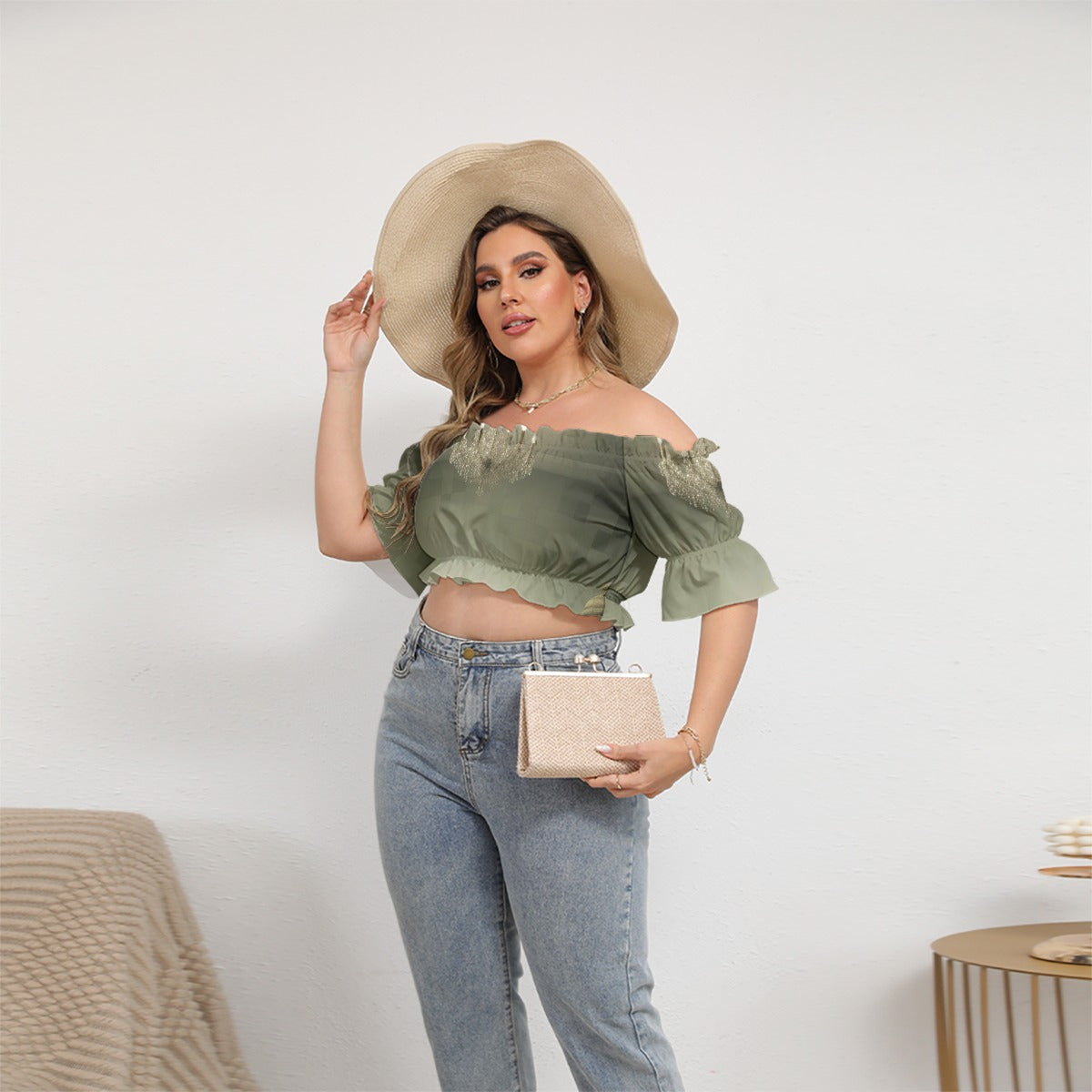 All-Over Print Women's Off-shoulder Cropped Top With Short Puff Sleeve