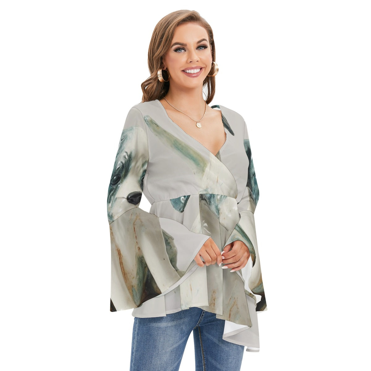All-Over Print Women's V-neck Blouse With Flared Sleeves