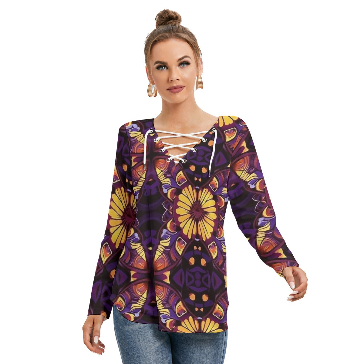 All-Over Print Women's Long Sleeve Neckline Tie Sweatshirt