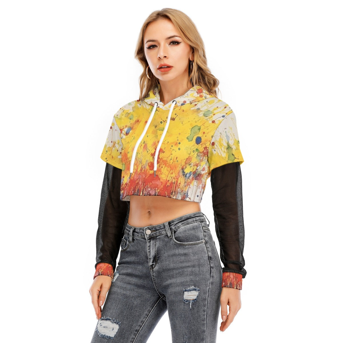 All-Over Print Women's Fake Two-piece Mesh Sleeve Cropped Hoodie