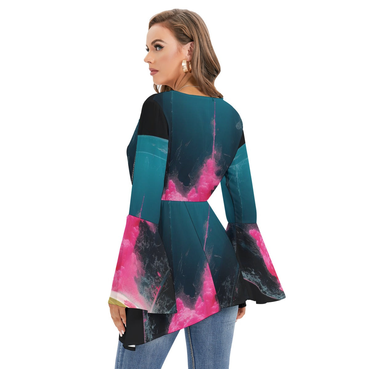 All-Over Print Women's V-neck Blouse With Flared Sleeves