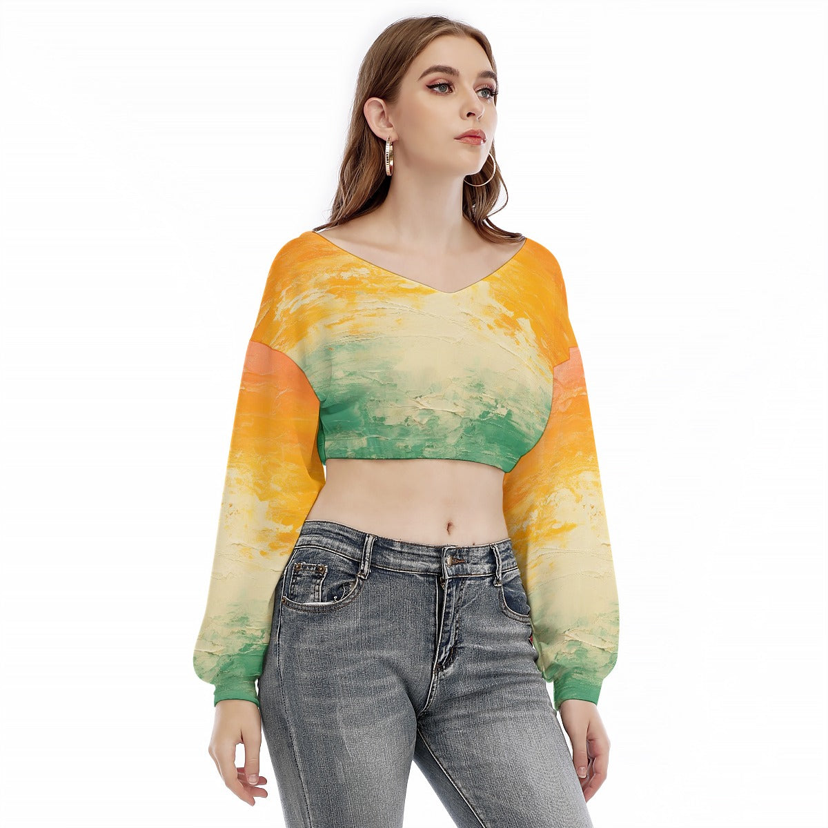 All-Over Print Women's V-neck Long Sleeve Cropped Sweatshirt