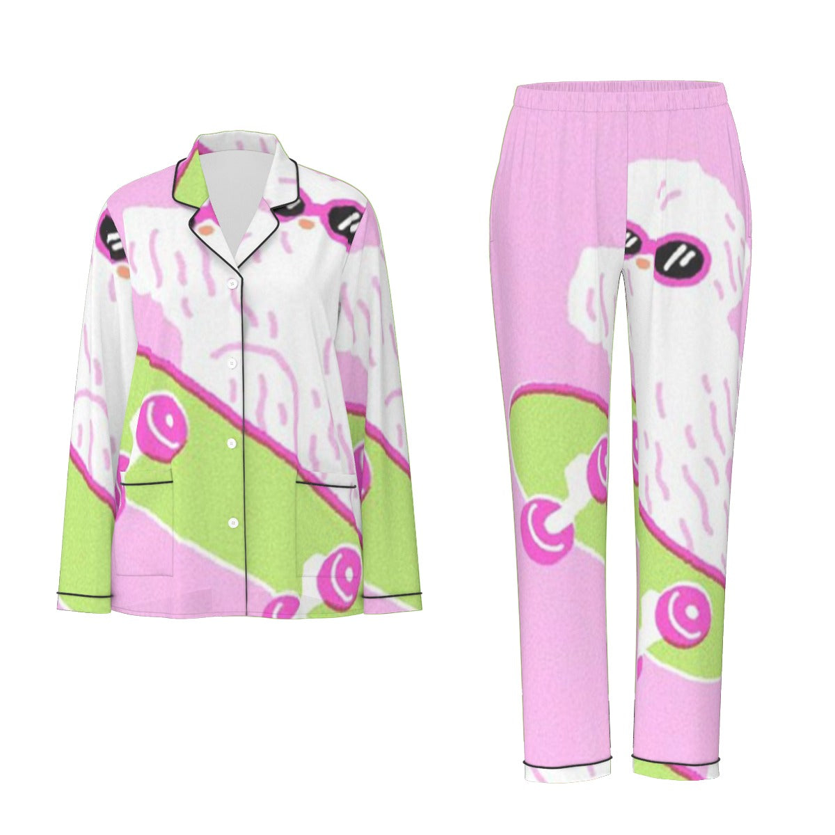 All-Over Print Women's Long Sleeve Pajama Set With Black Contrast Piping