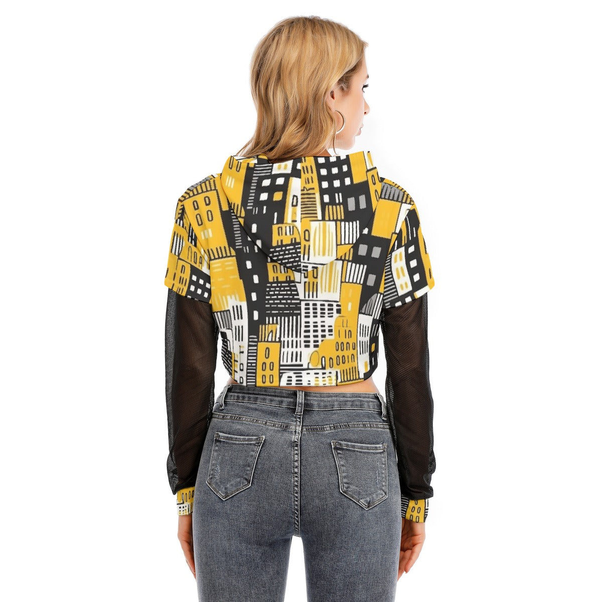 All-Over Print Women's Fake Two-piece Mesh Sleeve Cropped Hoodie
