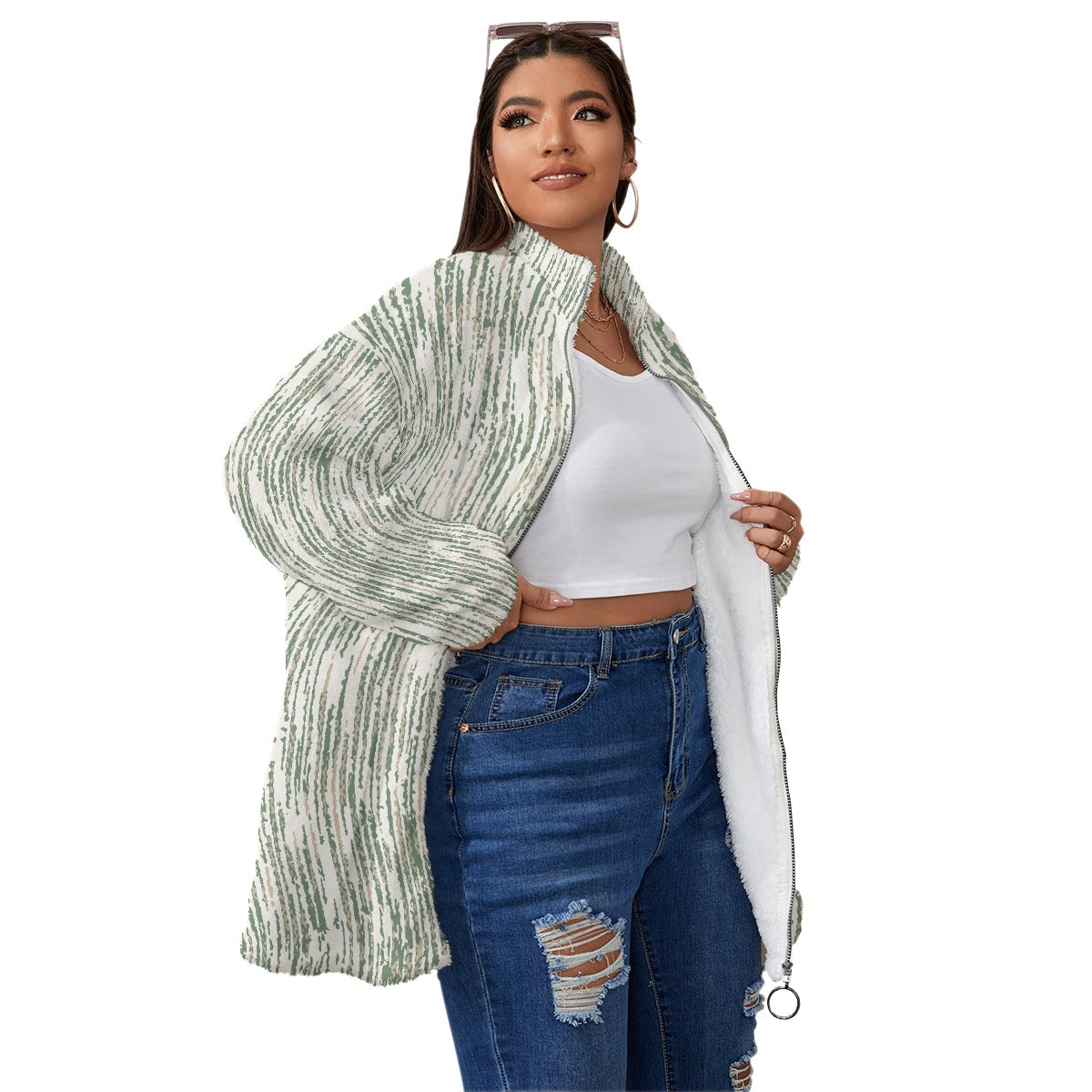 All-Over Print Unisex Borg Fleece Stand-up Collar Coat With Zipper Closure(Plus Size)