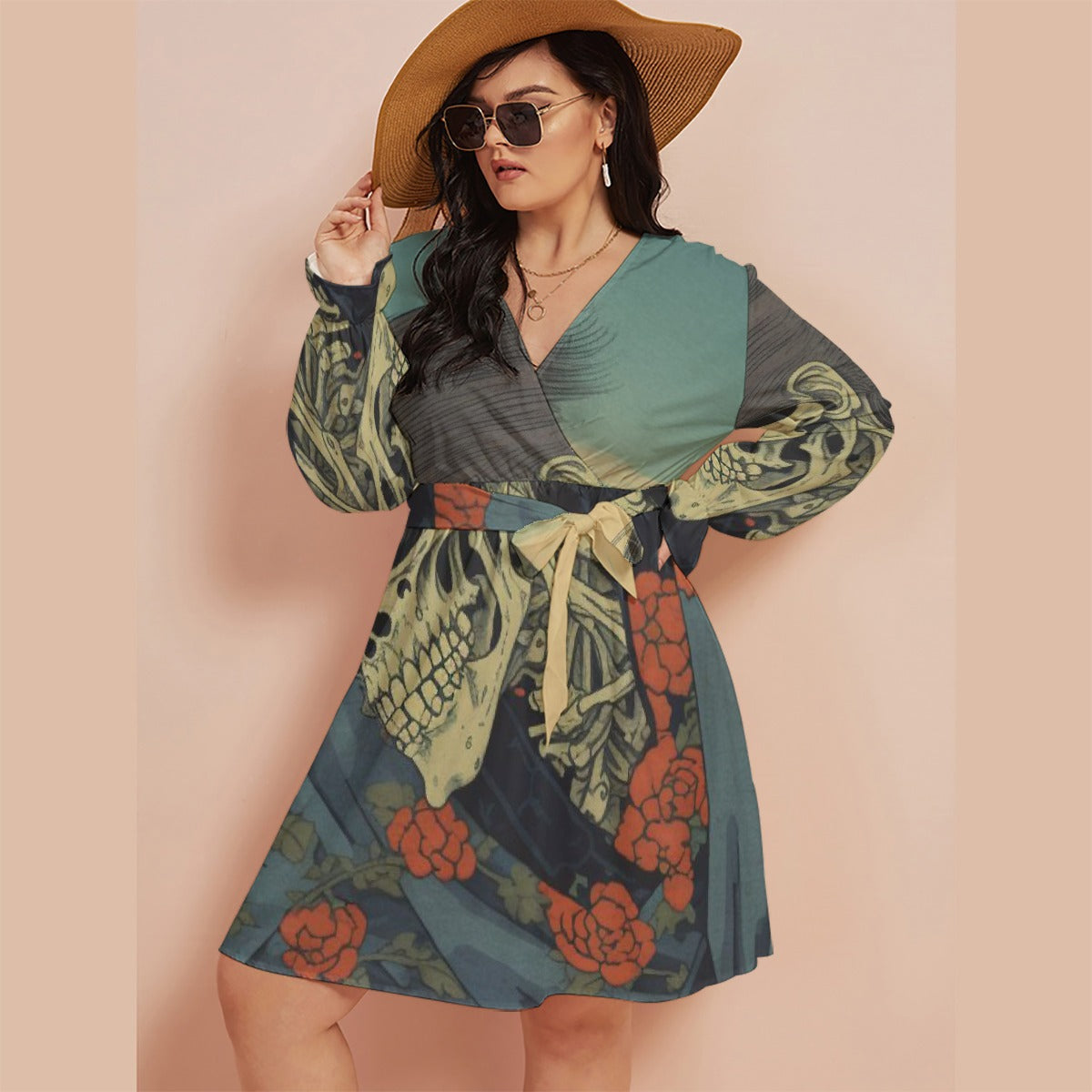 All-Over Print Women's V-neck Dress With Waistband(Plus Size)