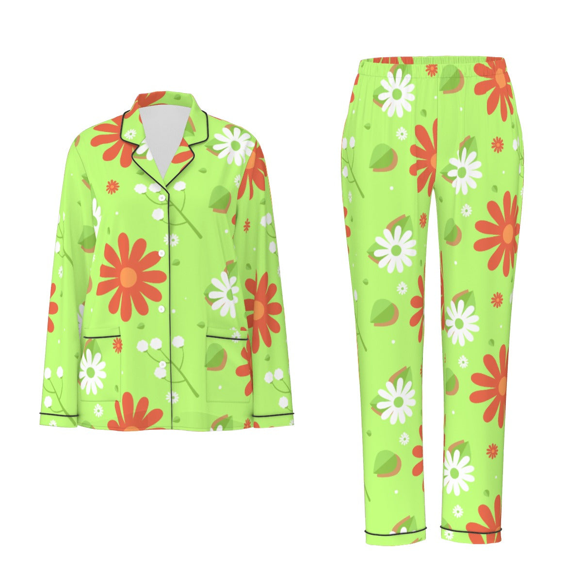 All-Over Print Women's Long Sleeve Pajama Set With Black Contrast Piping