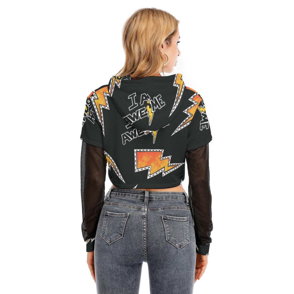 All-Over Print Women's Fake Two-piece Mesh Sleeve Cropped Hoodie